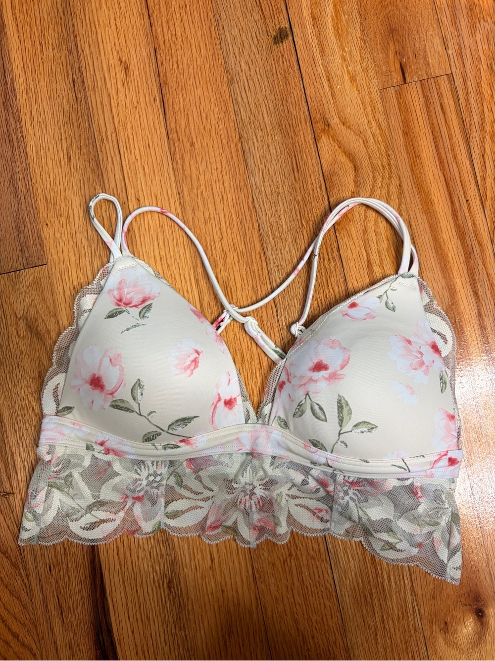 Victoria’s Secret Pink Floral Lace Trim Bralette - White with Pink Flowers Y2K